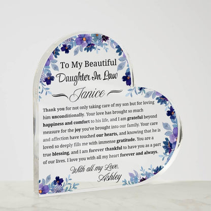 To My Daughter in Law Gift Personalized Heart Acrylic Plaque – view 3