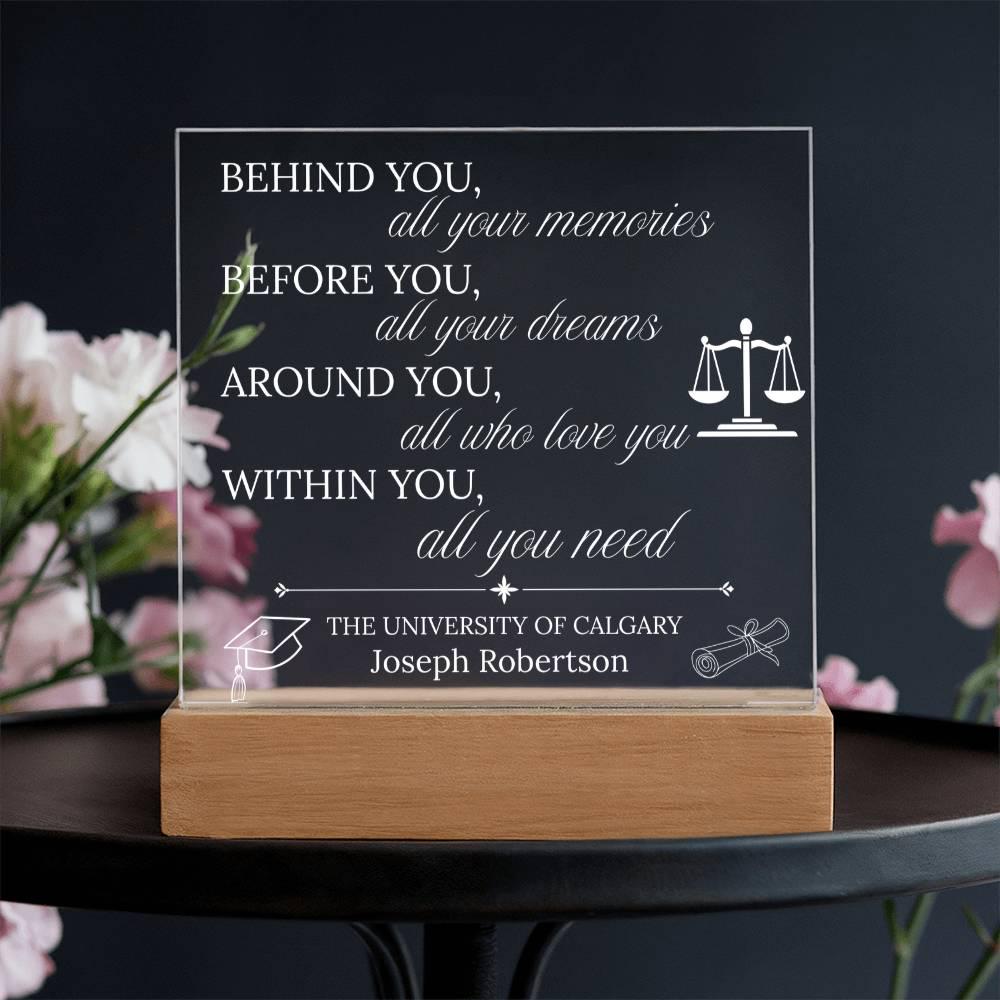 Personalized Law Graduation Acrylic Plaque with LED Base – view 2