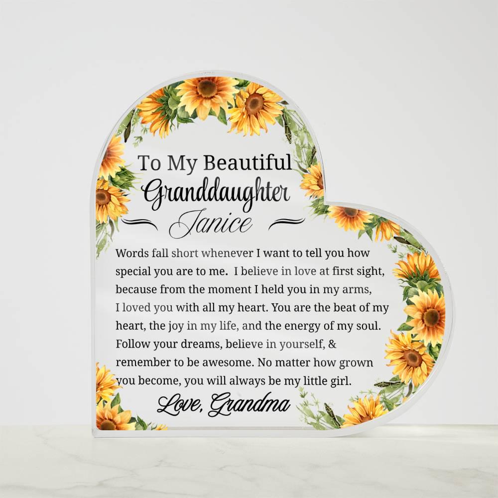 To My Granddaughter Sunflower Personalized Heart Acrylic Plaque – view 4
