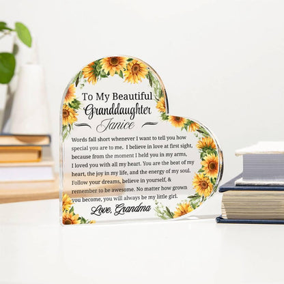 To My Granddaughter Sunflower Personalized Heart Acrylic Plaque – view 3
