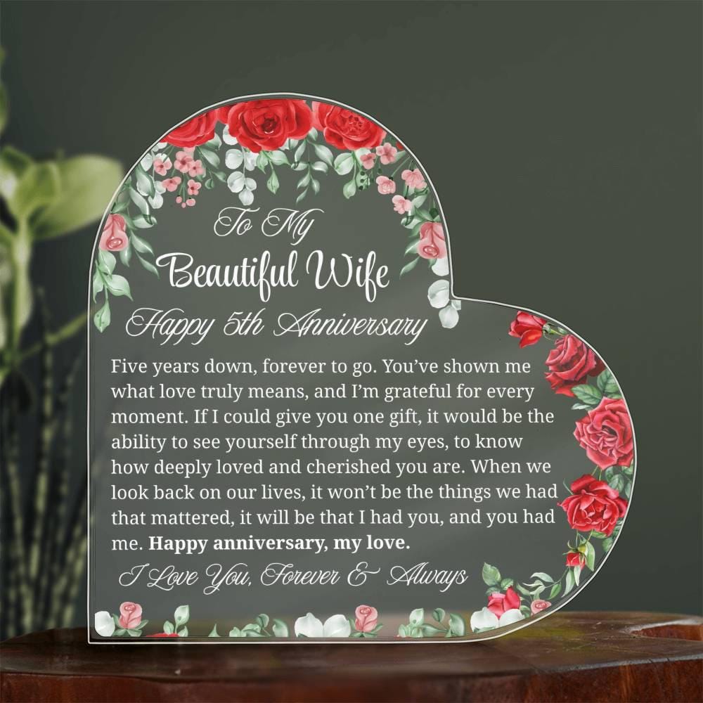 5th Anniversary Gift for Wife Personalized Heart Acrylic Plaque
