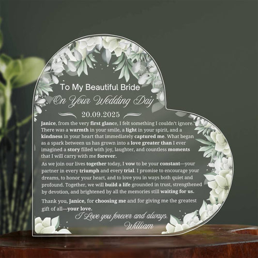 To My Bride on Your Wedding Day Personalized Acrylic Plaque