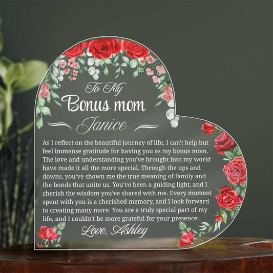 Personalized Bonus Mom Gift Acrylic Heart Plaque – Stepmother Gift
