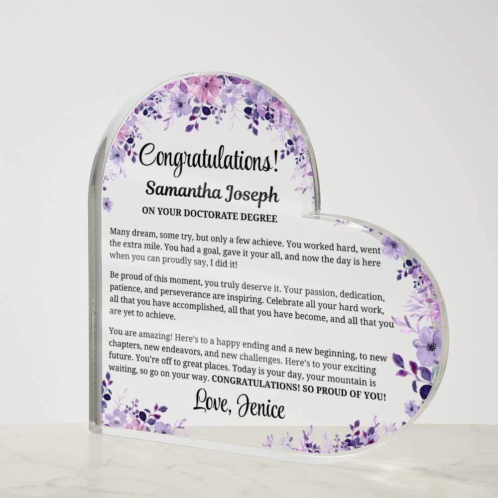 Doctorate Graduation Gift Personalized Heart Acrylic Plaque – view 2