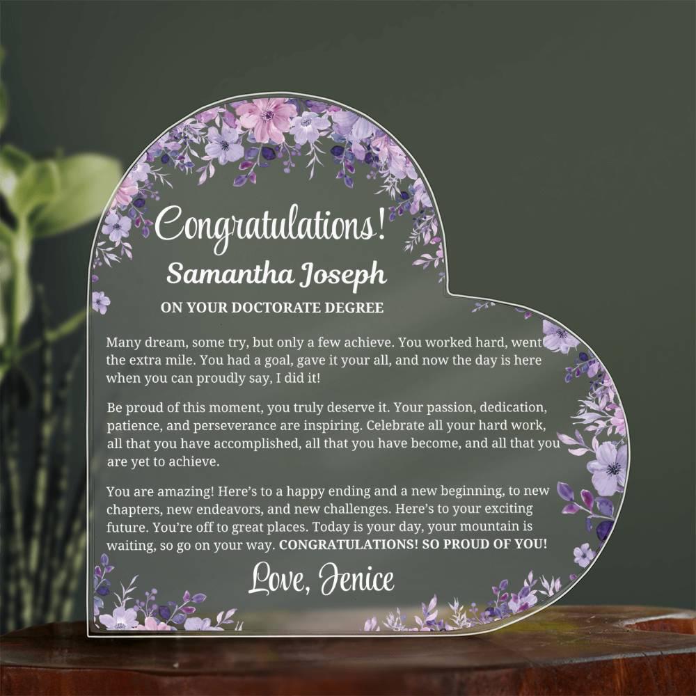 Doctorate Graduation Gift Personalized Heart Acrylic Plaque