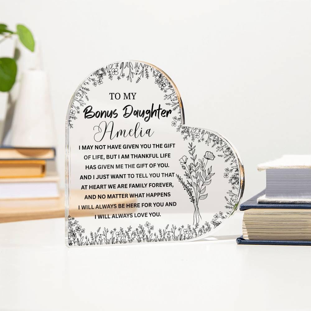 To My Bonus Daughter Gift Personalized Heart Acrylic Plaque – view 2