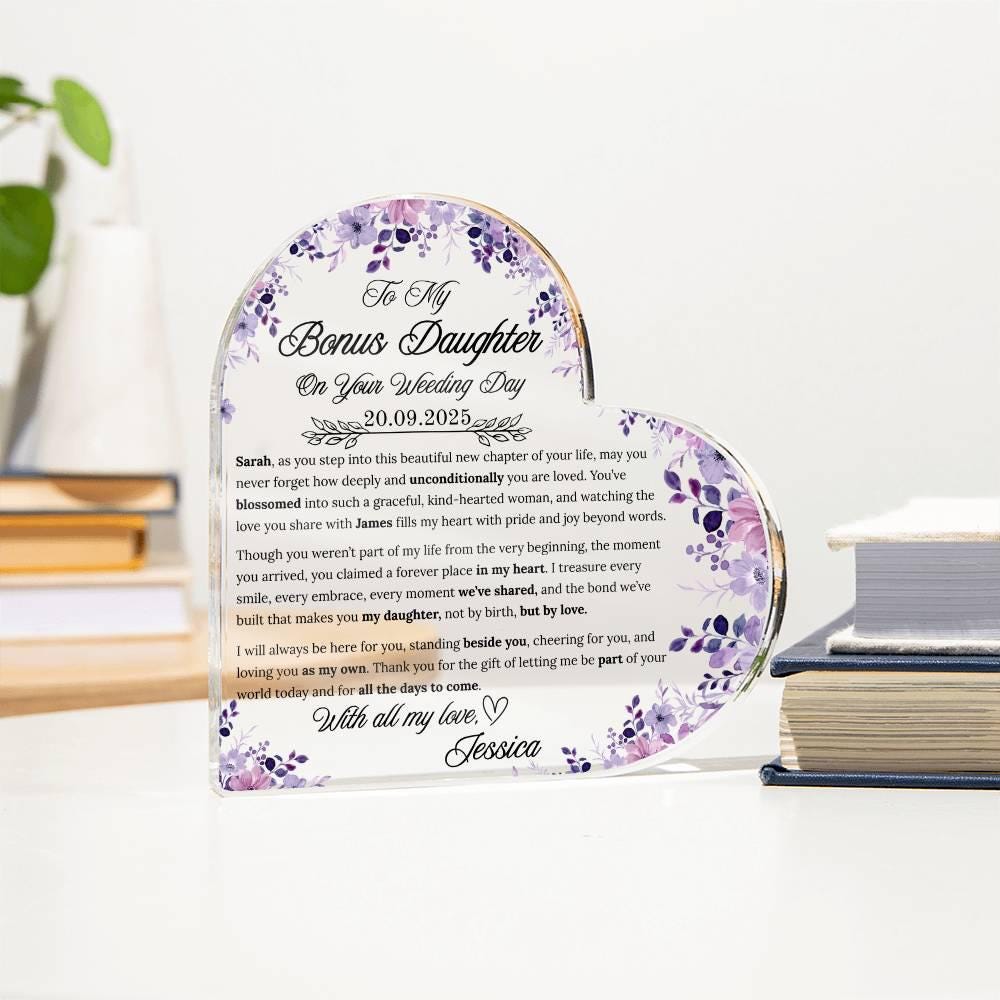 Bonus Daughter Wedding Day Gift Personalized Heart Acrylic Plaque – view 3