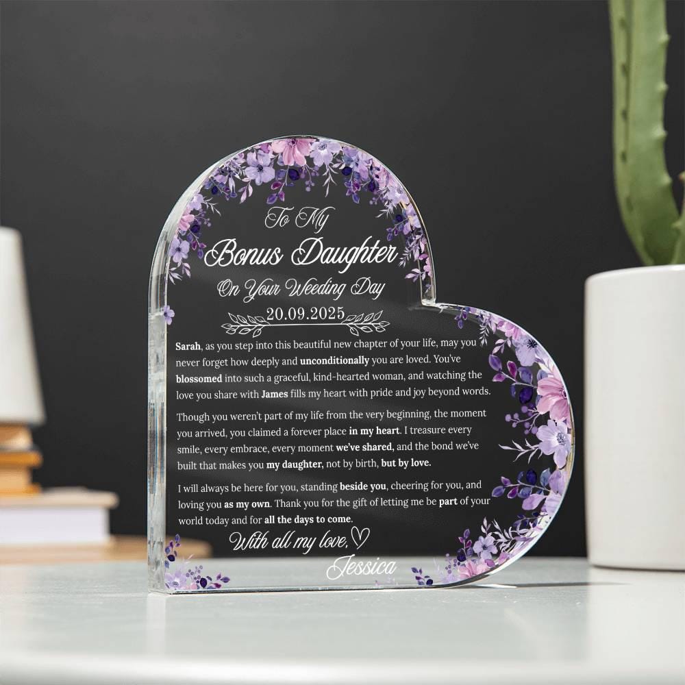 Bonus Daughter Wedding Day Gift Personalized Heart Acrylic Plaque – view 2