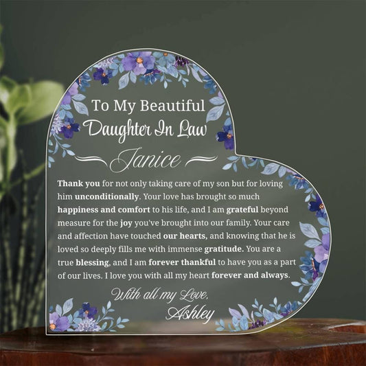 To My Daughter in Law Gift Personalized Heart Acrylic Plaque