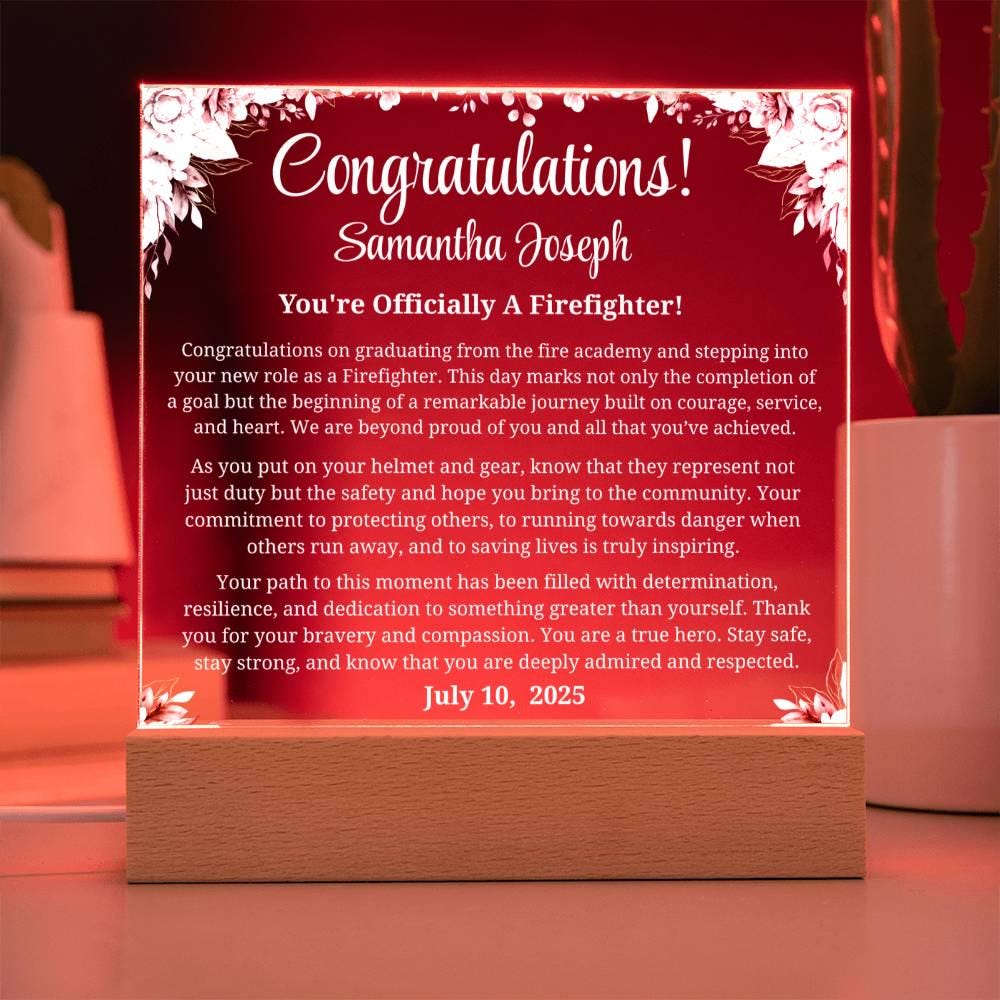 Firefighter Graduation Gift Personalized Acrylic Plaque with LED Base – view 3