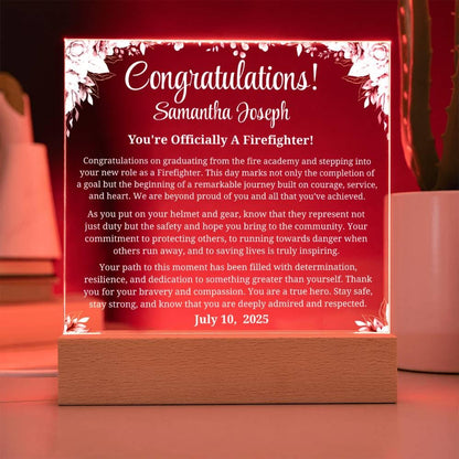 Firefighter Graduation Gift Personalized Acrylic Plaque with LED Base – view 3