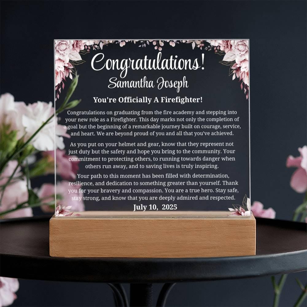 Firefighter Graduation Gift Personalized Acrylic Plaque with LED Base – view 2