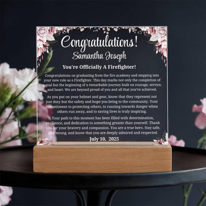 Firefighter Graduation Gift Personalized Acrylic Plaque with LED Base – view 2
