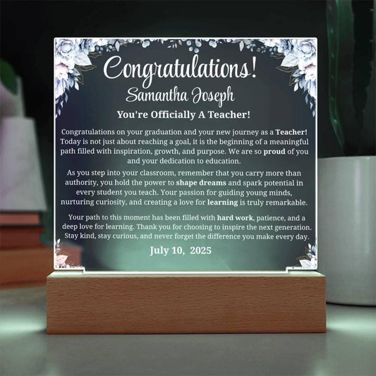 Personalized New Teacher Gift Acrylic Plaque With LED Base