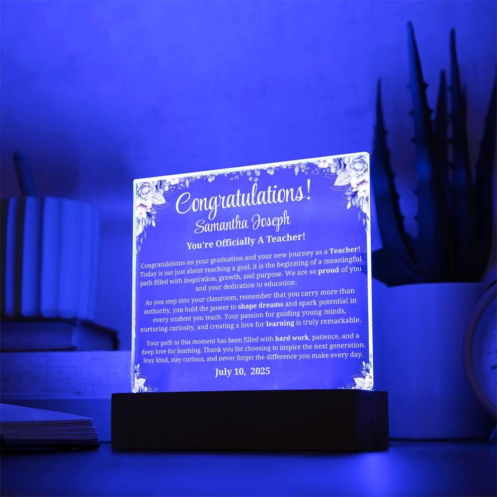 Personalized New Teacher Gift Acrylic Plaque With LED Base – view 3