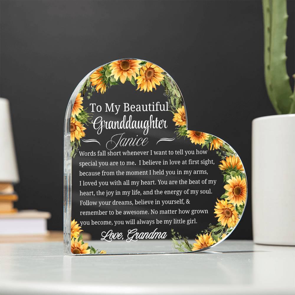 To My Granddaughter Sunflower Personalized Heart Acrylic Plaque – view 2