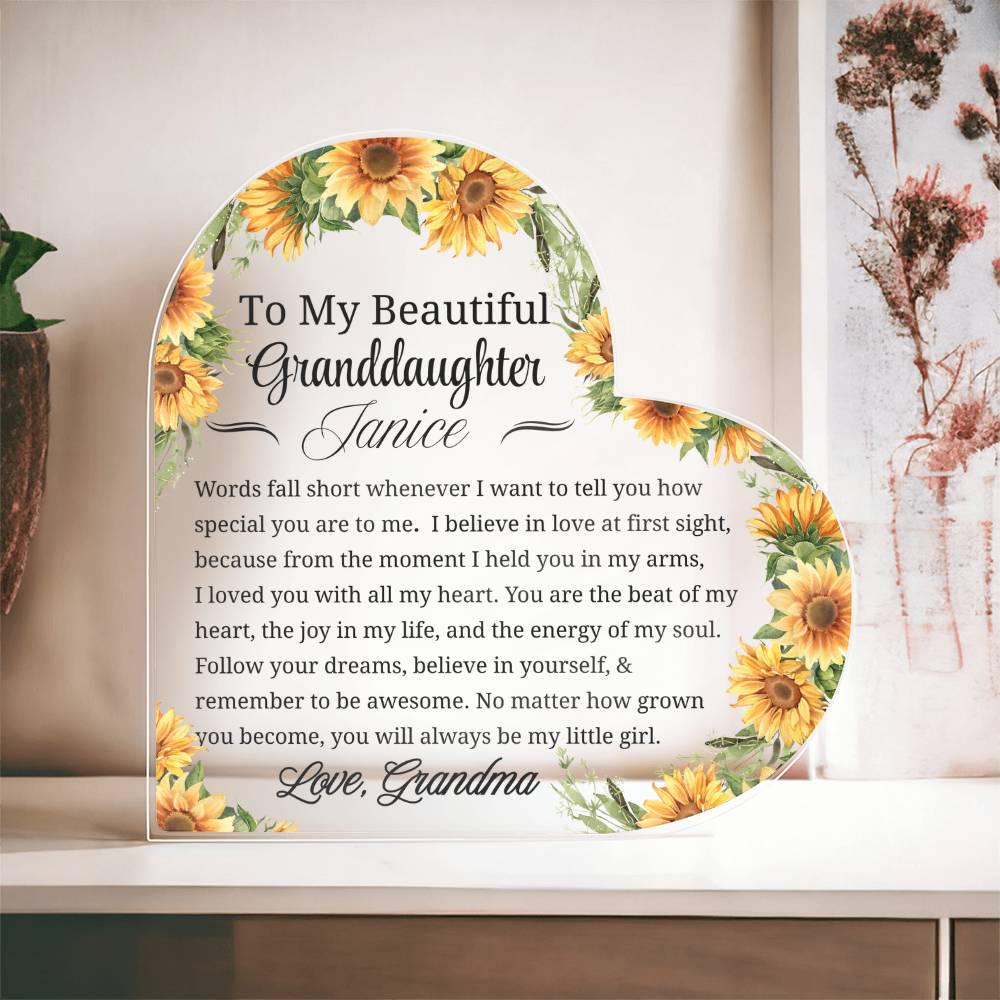 To My Granddaughter Sunflower Personalized Heart Acrylic Plaque