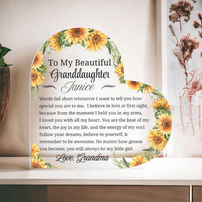 To My Granddaughter Sunflower Personalized Heart Acrylic Plaque