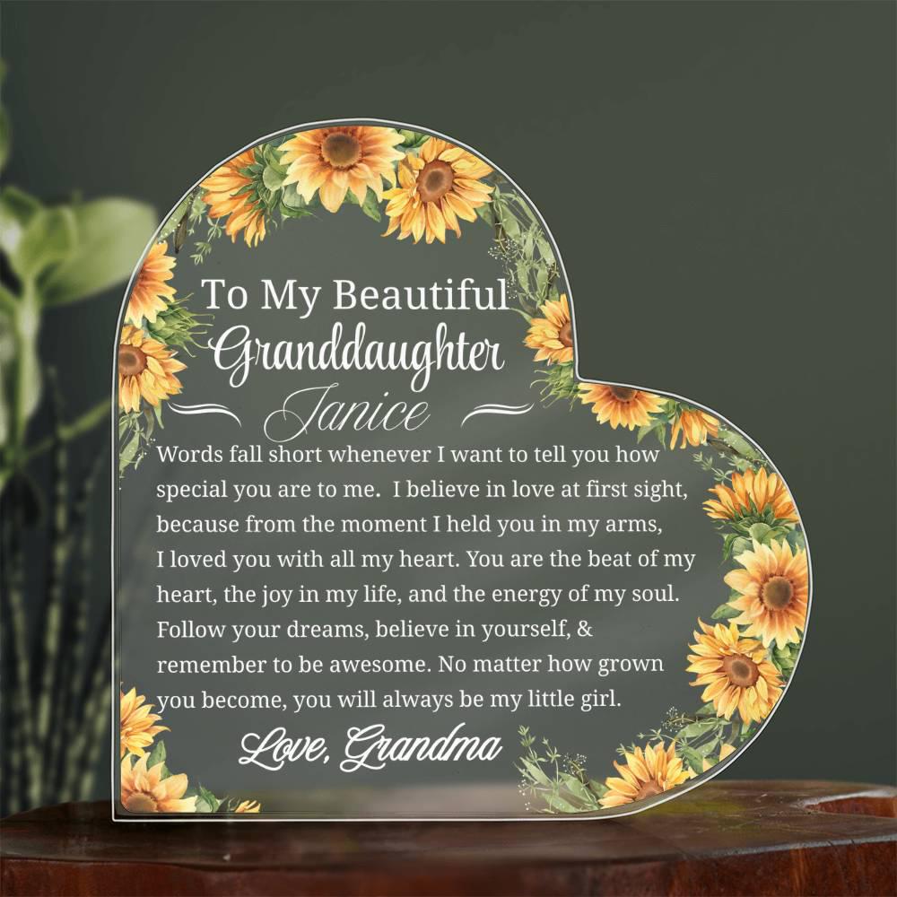To My Granddaughter Sunflower Personalized Heart Acrylic Plaque – view 5