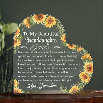 To My Granddaughter Sunflower Personalized Heart Acrylic Plaque – view 5