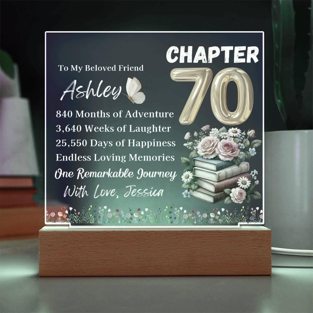 70th Birthday Gift for Women Personalized Acrylic Plaque With LED Base – view 4