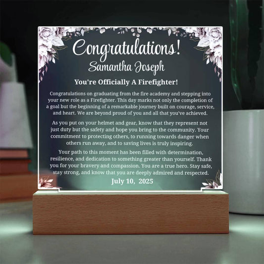 Firefighter Graduation Gift Personalized Acrylic Plaque with LED Base