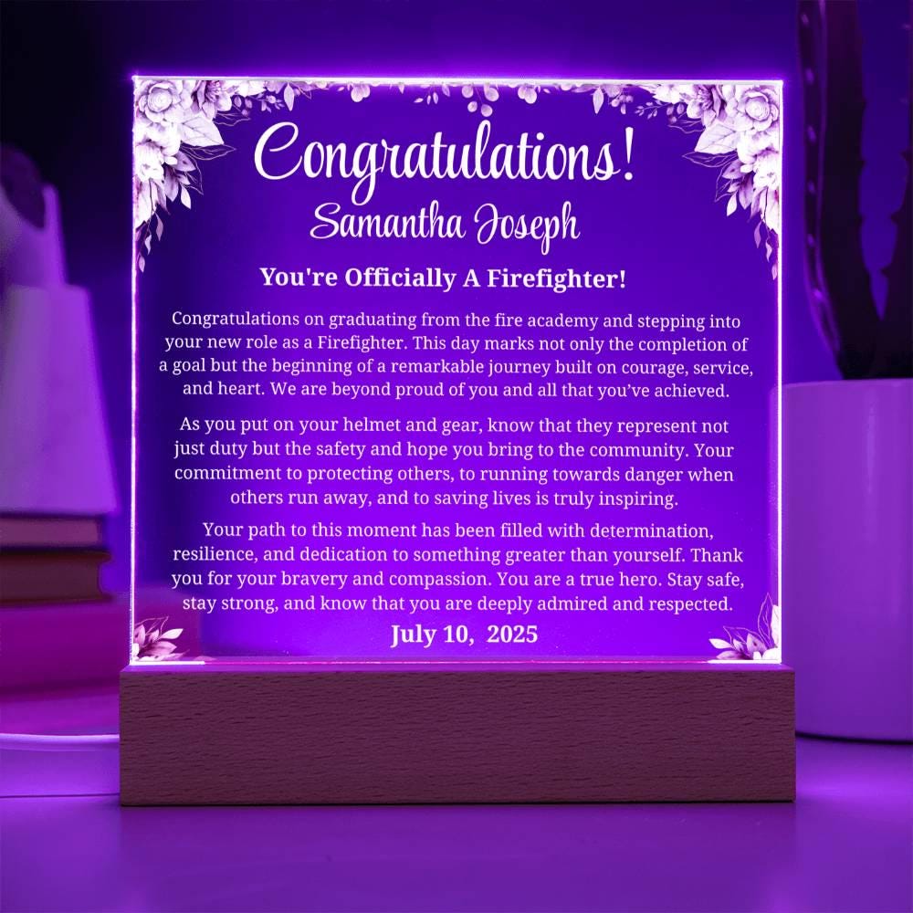 Firefighter Graduation Gift Personalized Acrylic Plaque with LED Base – view 5