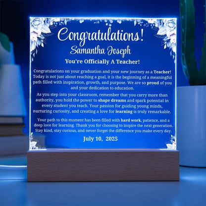 Personalized New Teacher Gift Acrylic Plaque With LED Base – view 4