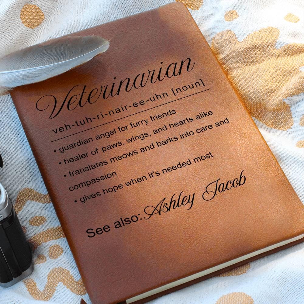 Brown vegan leather journal engraved with a veterinarian dictionary definition design and personalized name
